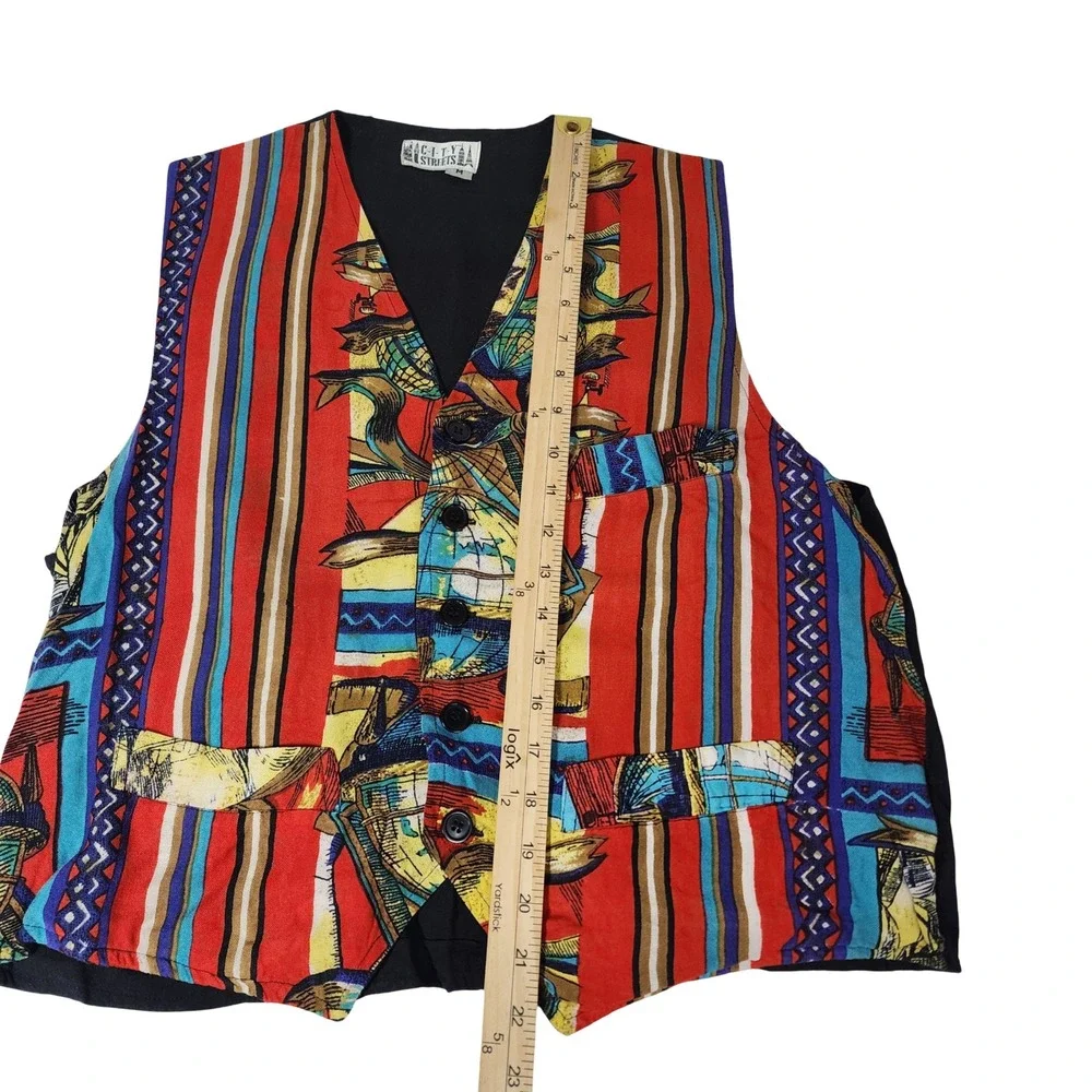 City Streets Vintage Globe Stripe Novelty Print Button Up‎ Vest Mens Medium Red